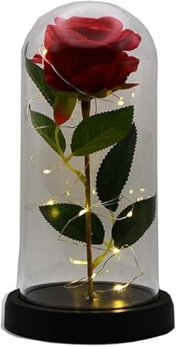 LED Red Rose for Wife/Mother/Girlfriend/Grandma Perfect for a Special Occasion Artificial Rose in Glass Dome With LED Lighting Strip Christmas/Birthday/Anniversary/Mother's Day/Valentine's Day