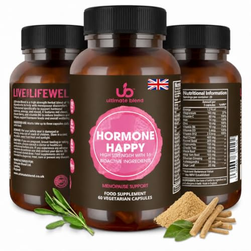 Hormone Happy Menopause Supplement for Women - 16 Active Ingredients - Energy, Hormonal Activity & Psychological Function - 60 Vegan Capsules - Red Clover & Sage Leaf - Daily Formula for Perimenopause