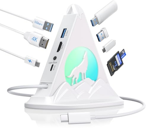 USB C Hub, 8 in 1 USB C Hub Multiport Adapter with 4K HDMI, PD 100W, 5Gbps Type C 3.0, 3xUSB A 3.0, SD/TF Card Reader& RGB Lighting, White Docking Station for MacBook Air/Pro, HP, Laptop, PC(Wolf)