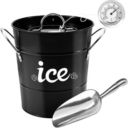 Doppelwandiger isolierter Eiskübel aus Metall mit Thermometer und Eisschaufel, Hausbar, Eiswürfelbehälter zum Kühlen von Bier, Champagner, Weinflasche, Schwarz