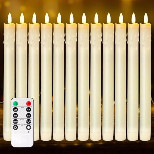 PORFOYO 12er Set LED Stabkerzen mit Timer und Fernbedienung flackernde Flamme, 3D-Dochtlicht, batteriebetrieben, ideal für Weihnachten, Heimdekoration, Hochzeit und Party