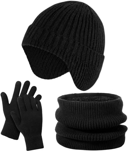 Kids Hat and Gloves Set - Winter Scarf Beanie Hat Kids Gloves Touchscreen, 3 Pcs Neck Warmer Scarf Black Stain-Resistant Set for Boys Girls Age 9-14 1 Pack