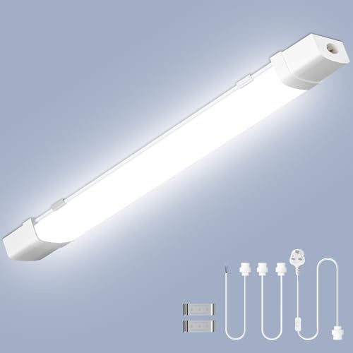 Viugreum Linkable 4FT 120CM Led Batten Light with Motion, 40W 6500K Plug&Switch Tube Shed Loft Light, IP43 Plug in Strip Sensing Lights for Garage Office Workshop Basement Bathroom Hotel Kitchen