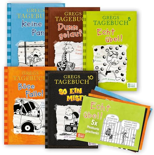 Jeff Kinney Bücherset - Gregs Tagebuch Band 6-10 - Keine Panik!, Dumm gelaufen!, Böse Falle!, Echt übel!, So ein Mist! - gezeichnete Comics, Kinderbuch Bestseller Set mit je einer exklusiven Postkarte