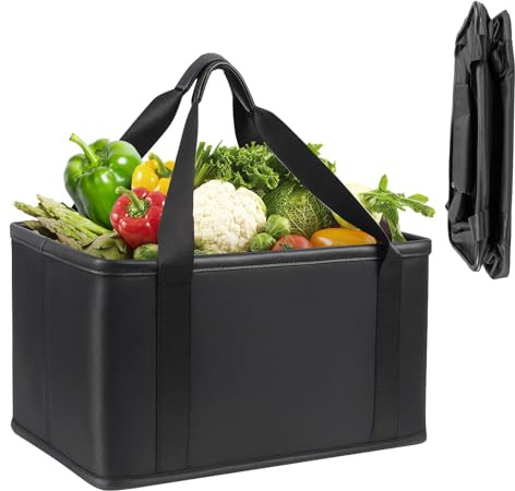 Faltbare Einkaufstasche mit PU-Ledergriff – 30L Große Einkaufskorb aus Leinen & Oxford, Stabil & Leicht, Einkaufskorb für Wochenmarkt, Picknick & Haushalt (Schwarz)