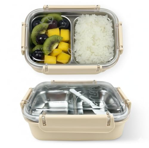 Genérico Lonchera Grande con 2 Compartimentos, Acero Inoxidable, 850ml, 23x16x8cm, Incluye Cuchara, Beige