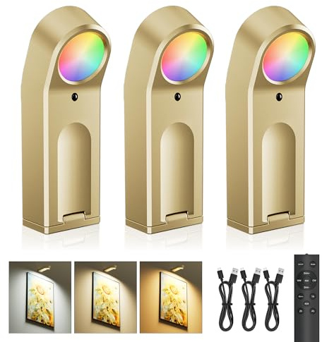 AIFEI Picture Lights for Wall: Compact Rechargeable Wireless Art Light with Remote Timer, 65H Battery Operated Poster Lights - Dimmable 3 Color Temps & 8 RGB for Paintings Gallery Frames Brass, 3 Pack