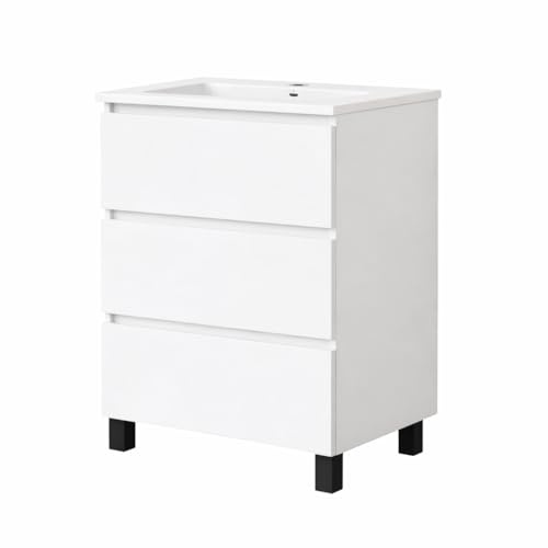 Baikal Mueble de Baño REN. 60cm Blanco. Incluye Lavabo. Entrega Montado. Mueble con Patas. 3 Cajones con Cierre Amortiguado.