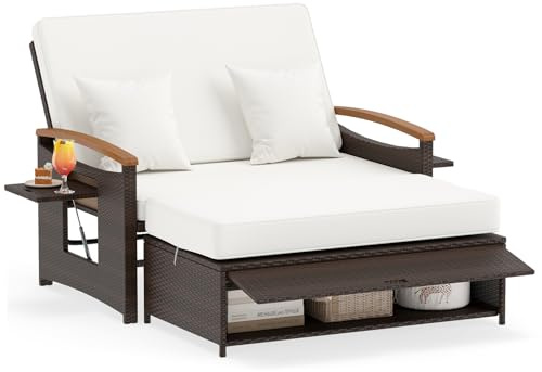 COSTWAY Polyrattan Sonnenliege, Gartenliege mit Verstellbarer Rückenlehne & ausklappbarem Seitenablage, Loungebett, Doppelliege mit Auflage, Gartensofa mit Liegefunktion für Garten, Balkon