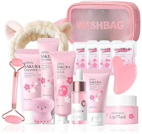 15 Stück Sakura skin care set, skincare set, beauty set mädchen, gesichtspflege set damen - Feuchtigkeitspflege mit Toner, Serum, Creme, Masken, Tools & Kosmetiktasche für Teenager Mädchen