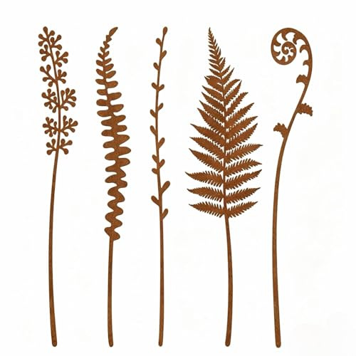 Zmupl 5pcs Rusty Metal Fern Plant Garden Ornaments for Outdoor | Metal Flower Stakes Vintage Rusty Garden Wall Art Weatherproof Cut-outs Rustic Decor for Flower Pot Gardenbeds Planters Patio