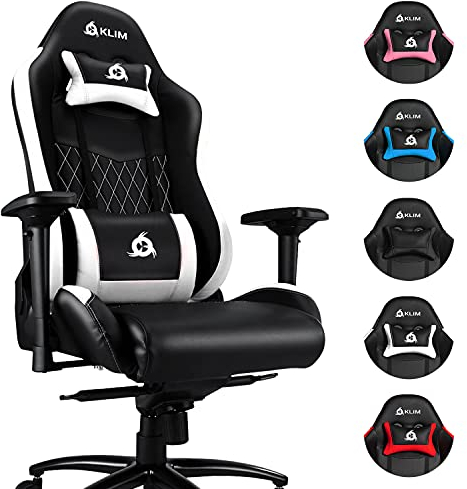 KLIM Esports Gaming Stuhl – PC Sessel mit 4D-Armlehnen, 170 kg Belastbarkeit, Verstellbare Rückenlehne, Ergonomisch mit Kopf- & Lendenkissen, Leise Rollen – Weiß