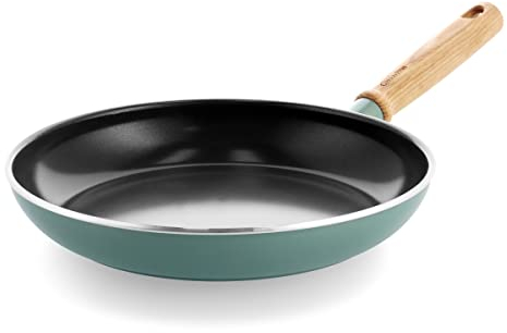 GreenPan Mayflower Healthy Ceramic Non-Stick 28 cm Frying Pan Skillet, Vintage Wood Handle, PFAS-Free, Induction, Smoky Blue, Blue