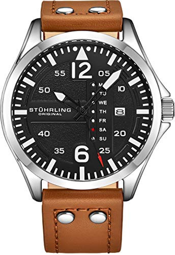 Stuhrling Original Montre aviateur analogique Sport pour Homme, Réglage Rapide, Date du Jour, Bracelet en Cuir décontracté