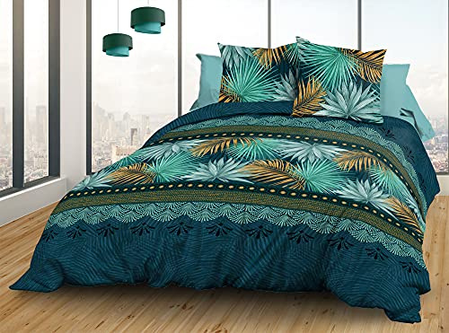 Le linge de Jules Parure de Couette, Coton, Bleu, Vert, Safran, Parasio,3pcs 220 x 240 cm