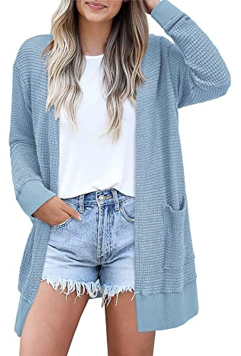 STYLEWORD Women's Fashion Cardigan 2026 Spring Trendy Clothes Sweaters Lightweight Open Front Waffle Knit Casual Long Cardigans Outfits Dressy with Pockets(Blue-XL)