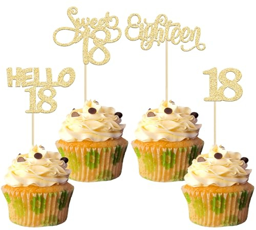 Gyufise 24Pcs Gold Glitter 18th Birthday Cupcake Toppers Sweet 18 Hello 18 Eighteen Cupcake Picks for 18th Birthday Cake Decorations Supplies