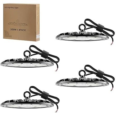 4pcs 300W Proiettore Faretto LED, 30000LM Lampadario UFO Lampada Interni, 6500k Bianco Freddo Fari Potente Risparmio Energetico Faretto, IP65 Impermeabile per Stadio coperto, Parcheggio