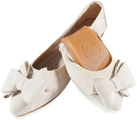 MACHSWON Zapatos planos de ballet para mujer, cómodos zapatos planos de bailarina plegables para mujer, vestido casual, puntera puntiaguda, zapatos planos negros para mujer, Lazo albaricoque, 39 EU
