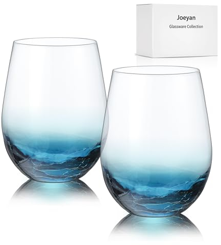 Joeyan Copa de Vino sin Tallo Grieta 560ml - Juego de 2 Azul Vasos de Vino de Cristal - Soplado a Mano Copa de Vino Tinto o Blanco para Casa, Restaurante y en Fiestas