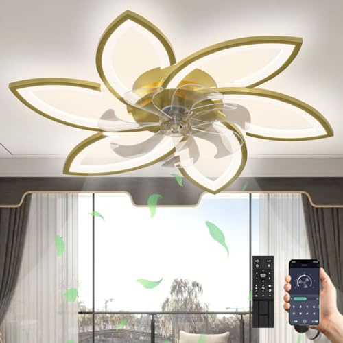 LED Deckenventilator Mit Beleuchtung, 66W Dimmbar (3000K-6000K) Deckenleuchte Mit Ventilator, Leise Reversibel Deckenventilator Mit Lampe Für Wohnzimmer Schlafzimmer Esszimmer Gold,6 Köpfe 78x15cm