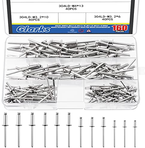 Glarks 160 rivetti ciechi M3.2/M4/M4.8 in acciaio inox 304, kit assortito per unire piastre metalliche, automobili, strumenti, mobili