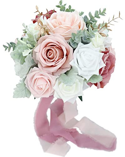 LICHENGTAI Ramo de Boda Artificial, Ramo de Mano de Rosas Blancas + Rosa Raíz de Loto, Ramo de Novia Artificial, Arreglos de Flores Artificiales para Decoración de Bodas Y Fiestas