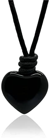 arana's - Colgante de piedra natural en forma de corazon para mujer y hombre - Cordon de cuero genuino negro ajustable - Distintas Piedras Semipreciosas - Collar unisex (Ágata negra)