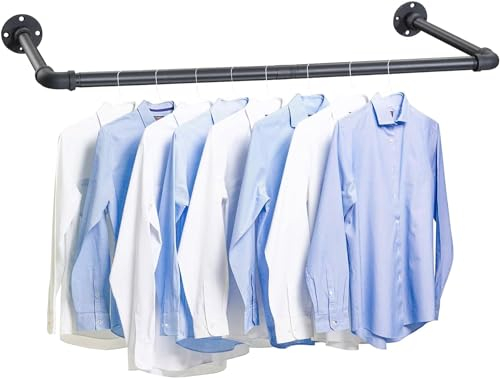 Kleiderstange für Wand, 120cm Garderobenstange im Industrie-Design Industrierohr Kleiderstange, bis 50 kg belastbar, einfache Montage, Abnehmbare Garderobenstangen aus Metall/Mattschwarz