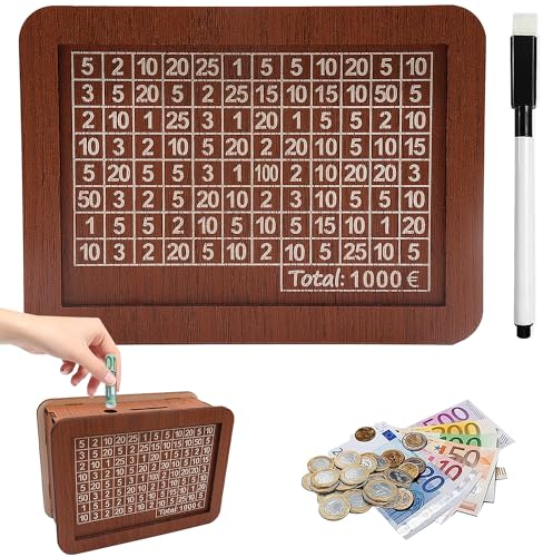 1000 Euro Hucha de Madera, Caja de Ahorros de Madera Reutilizable, Huchas para Adultos y Niños