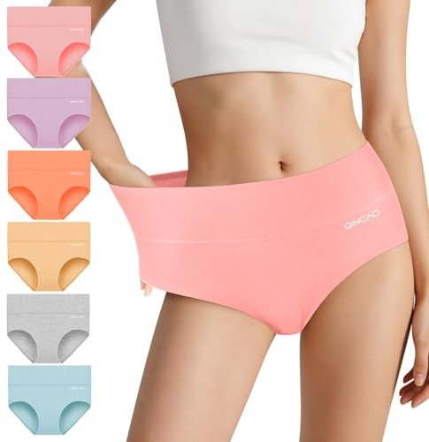QINCAO Women's Underpants 6 Pack High Waist Brief Cotton Underwear Stretch Breathable Panties, Soft