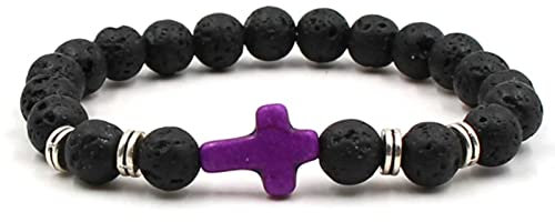 OwKay Bracelets de lave avec huile essentielle, bracelet en pierre de lave 8 mm avec croix, bracelets extensibles pour femme 19 cm