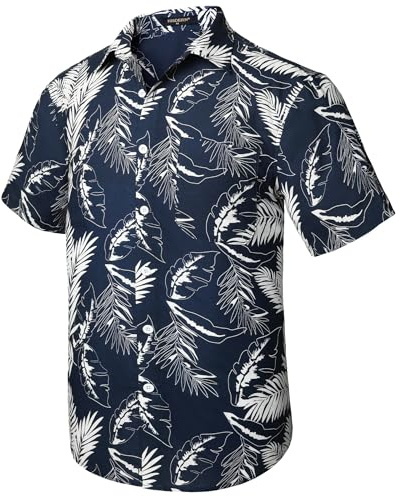 HISDERN Män funkiga hawaiianska skjortor kortärmad framficka semester sommar aloha tryckt strand vardag Hawaii skjorta S-2XL, Y2 - Marinblå, XXL
