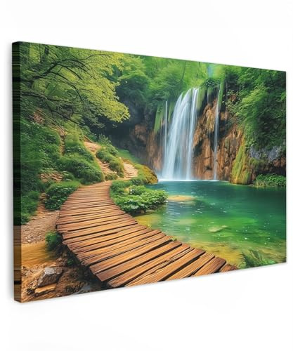 MuchoWow© Bild auf Leinwand Groß XXL Schlafzimmer Bilder Badezimmer Wand | 120x80 cm - Deko Wohnzimmer Modern Wanddeko Bilderwand Geschenk Wasserfall - Dschungel - Pfad - Grün - Natur - Wasser