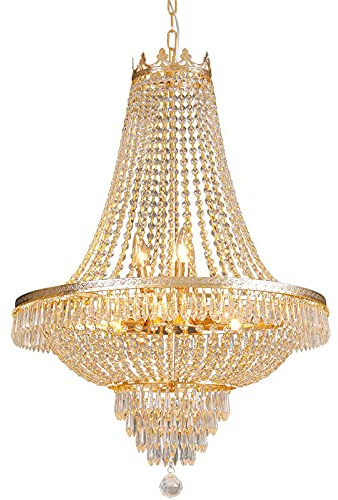 LRUII French Empire Crystal Chandelier Lighting 9 E12 Bulbs with Adjustable Hanging Light Modern Crystal Pendant Flush Mount Ceiling Light Fixture for Dining Living Room Foyer W 24'' x H 30'', Gold