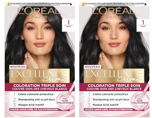 L'Oréal Paris Tinta Permanente Excellence Creme 1 Nero Colorazione Triplo Trattamento Lunga Durata con Acido Ialuronico Copertura 100% Capelli Bianchi - 2 Tinte
