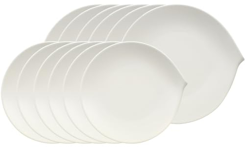 Villeroy & Boch Flow Lot de 12 assiettes plates (27 cm) et assiettes à petit-déjeuner (21 cm), service de table pour 6 personnes, porcelaine de qualité supérieure, blanc
