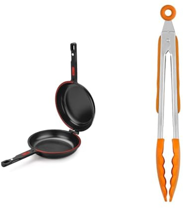 BRA Dupla Premiere - Sartén Doble para Tortilla de Patatas, 20 cm de Diámetro & Efficient - Pinzas de Cocina de 28,5 cm, Fabricadas en Acero INOX, Nailon y Silicona