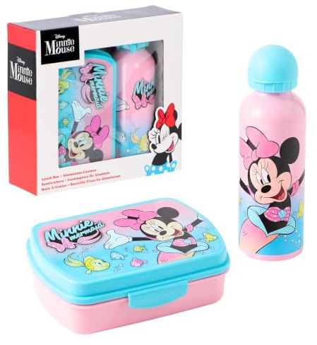 Disney Minnie Mouse Botella y Fiambrera, Diseño Minnie Fiambrera y Botella de Agua y Sandwichera para Niñas, Botella de Viaje Aluminio, Capacidad 500 ml