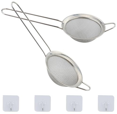 2 coladores pequeños de malla fina de acero inoxidable con ganchos de cocina, 8 cm de diámetro, mini tamiz de malla fina, colador de té, colador de cocina con asa, ideal para jugo, huevo, té, café,