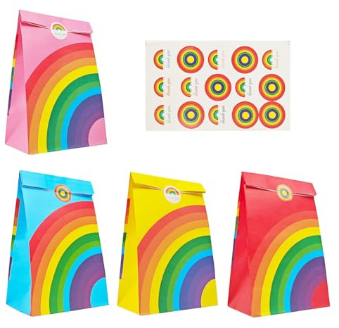 12 Stück Bunte Papier Partytüten, Tragbar Regenbogen Klein Geschenktüten | Konfetti Papiertüten mit Aufkleber, Wiederverwendbar Lieblich Candy Papiertüten für Hochzeit Geburtstagsfeier(Regenbogen)
