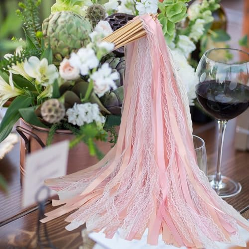 Whemyreat 50 Stück Rosa Wedding Wands mit Glocke,Romantic Spitze Stäbe mit Hochzeitsbändern,Zauberstäbe Hochzeit Luftschlangen,Gastgeschenke,Seidenfeenstab,für Hochzeiten Feiertagsfeiern Partys