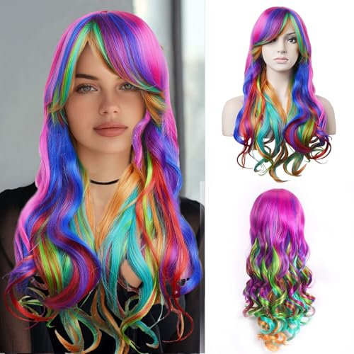 Regenbogen Perücke,Perücke Bunt Lang Locken,Lockige Perücke,Gewellte Perücke,Farbige Perücken,Lockiges Haar Perücke,Geeignet für Cosplay,Karneval,Halloween KostüMparty