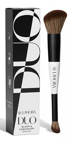 Lamora Colorete Crema + Corrector Base Brocha Maquillaje Doble | Brocha Angulada para Polvo, Crema o Liquido Bronceador, Blush, Iluminador, Vegano, Sin Crueldad & Cerdas Sintéticas