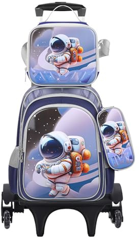 MYSNKU Three-piece Set Cute Rolling Backpack with Lunch Bag School Girls Boys, Lightweight Trolley Travel Bag with 6 Wheels Classic Roller Luggage (Gray spaceman)