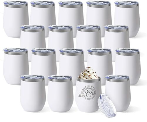YOUKE OLA 18 Pack Stainless Steel Wine Tumbler with lid, 12oz Insulated Powder Coated Wine Tumbler Stemless Double Wall Vacuum Wine Glass Coffee Tumbler Bulk for Laser Engrave, DIY Gift, White
