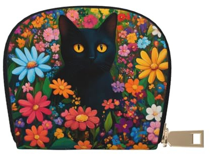DFJMASFKOL Flower Cat Leather Bag Black Cat Wallet Colorful Flowers Card Pack New Parents - Pediatrician and Pharmacy Cards 9X11CM