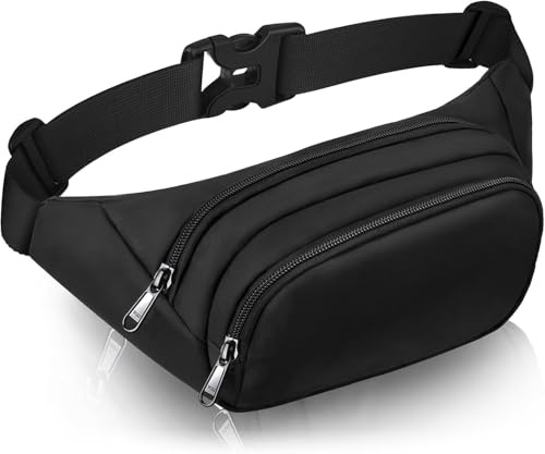 Bumbags Fanny Packs for Women Men,Large Capacity Waist Pack 3 Pockets - Waterproof Expandable Running Belt Fits MAX 7.9'' iPad & 6.6'' Phone -Gift Bum Bag for Sport Travel Hiking Cycling Workout Black