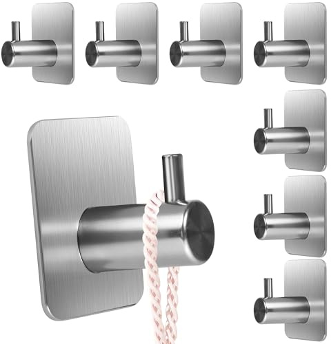 ACOMTUO Ganchos Adhesivos para Pared, Acero Inoxidable Colgador Toallas sin Taladro, ganchos adhesivos para pared, Toalleros Autoadhesivo Extrafuerte para Baño Cocina Albornoz Trapos, Gris, 8 Piezas