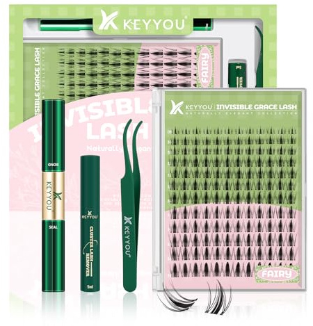 KEYYOU Fairy Lash Clusters Wimpernverlängerung Kit Manga D Curl 144 Stück Natürliche Wispy Wimpernverlängerung Kit Unsichtbare Wimpern Kit mit wasserdichtem Band DIY zu Hause (Manga Kit-D-8